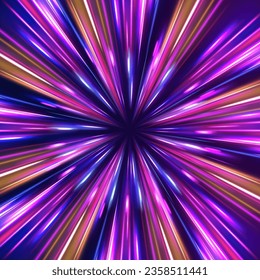 Radial neon motion blur background. Glowing lines, virtual reality jump, speed of light. Space and time strings, highway night lights. 3d render, space tunnel turning to left, ultra violet vector rays