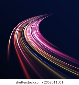 Radial neon motion blur background. Glowing lines, virtual reality jump, speed of light. Space and time strings, highway night lights. 3d render, space tunnel turning to left, ultra violet vector rays