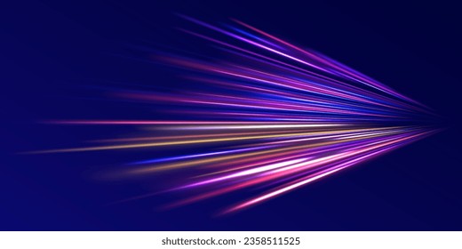 Radial neon motion blur background. Glowing lines, virtual reality jump, speed of light. Space and time strings, highway night lights. 3d render, space tunnel turning to left, ultra violet vector rays