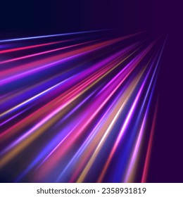 Radial neon motion blur background. 3d render, space tunnel turning to left, ultra violet vector rays. Glowing lines, virtual reality jump, speed of light. Space and time strings, highway night lights