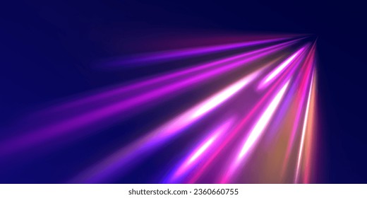Radial neon motion blur background. Glowing lines, virtual reality jump, speed of light. Space and time strings, highway night lights. 3d render, space tunnel turning to left, ultra violet vector rays