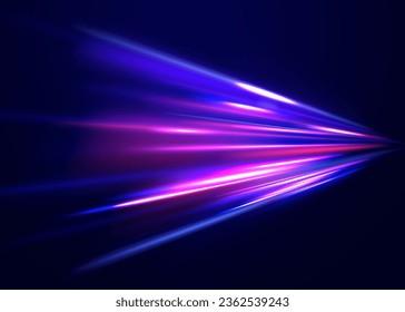 Radial neon motion blur background. Glowing lines, virtual reality jump, speed of light. Space and time strings, highway night lights. 3d render, space tunnel turning to left, ultra violet vector rays