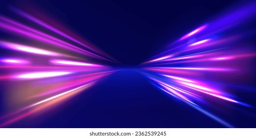 Radial neon motion blur background. Glowing lines, virtual reality jump, speed of light. Space and time strings, highway night lights. 3d render, space tunnel turning to left, ultra violet vector rays