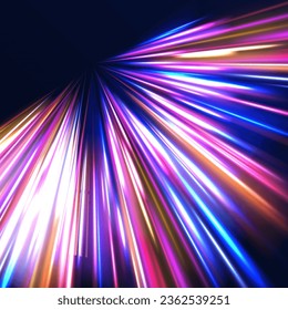 Radial neon motion blur background. Glowing lines, virtual reality jump, speed of light. Space and time strings, highway night lights. 3d render, space tunnel turning to left, ultra violet vector rays