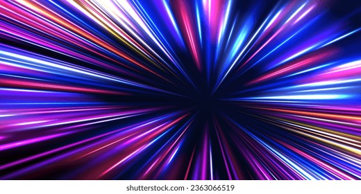 Radial neon motion blur background. Glowing lines, virtual reality jump, speed of light. Space and time strings, highway night lights. 3d render, space tunnel turning to left, ultra violet vector rays