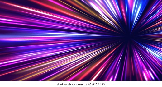 Radial neon motion blur background. Glowing lines, virtual reality jump, speed of light. Space and time strings, highway night lights. 3d render, space tunnel turning to left, ultra violet vector rays