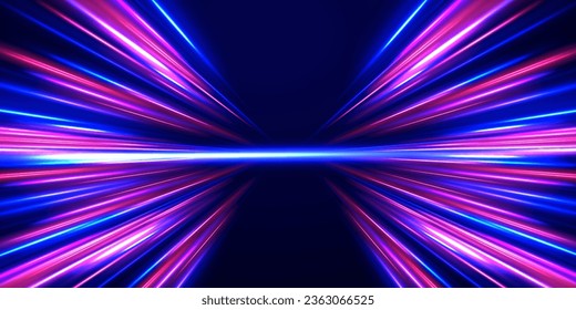 Radial neon motion blur background. Glowing lines, virtual reality jump, speed of light. Space and time strings, highway night lights. 3d render, space tunnel turning to left, ultra violet vector rays