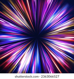 Radial neon motion blur background. Glowing lines, virtual reality jump, speed of light. Space and time strings, highway night lights. 3d render, space tunnel turning to left, ultra violet vector rays