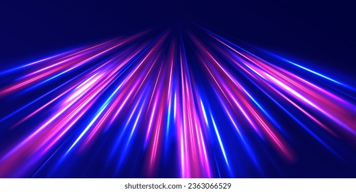 Radial neon motion blur background. Glowing lines, virtual reality jump, speed of light. Space and time strings, highway night lights. 3d render, space tunnel turning to left, ultra violet vector rays