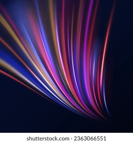 Radial neon motion blur background. 3d render, space tunnel turning to left, ultra violet vector rays. Glowing lines, virtual reality jump, speed of light. Space and time strings, highway night lights