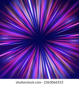 Radial neon motion blur background. 3d render, space tunnel turning to left, ultra violet vector rays. Glowing lines, virtual reality jump, speed of light. Space and time strings, highway night lights