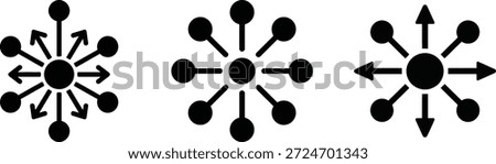Radial network connection icons set. Connectivity and network distribution icon set with centralized hub and expansion arrows. Technology systems, and business connectivity in presentations.