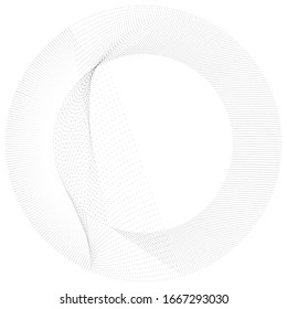 Radial noise, moire, glitch circular element of random circles, dots, speckles. Dissolve, diffusion effect vortex. Scatter dots. Concentric rings of irregular jumble of circles