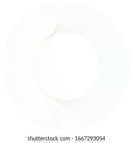 Radial noise, moire, glitch circular element of random circles, dots, speckles. Dissolve, diffusion effect vortex. Scatter dots. Concentric rings of irregular jumble of circles