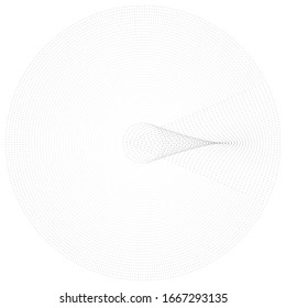 Radial noise, moire, glitch circular element of random circles, dots, speckles. Dissolve, diffusion effect vortex. Scatter dots. Concentric rings of irregular jumble of circles