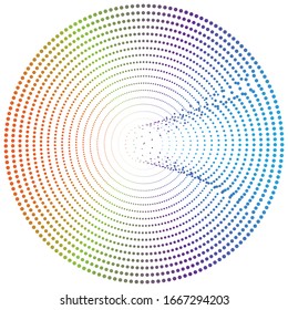 Radial noise, moire, glitch circular element of random circles, dots, speckles. Dissolve, diffusion effect vortex. Scatter dots. Concentric rings of irregular jumble of circles