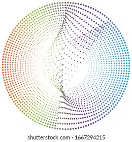 Radial noise, moire, glitch circular element of random circles, dots, speckles. Dissolve, diffusion effect vortex. Scatter dots. Concentric rings of irregular jumble of circles