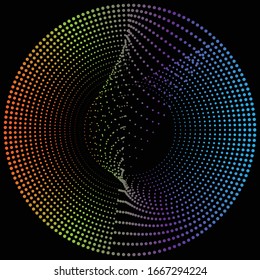 Radial noise, moire, glitch circular element of random circles, dots, speckles. Dissolve, diffusion effect vortex. Scatter dots. Concentric rings of irregular jumble of circles