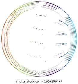 Radial noise, moire, glitch circular element of random circles, dots, speckles. Dissolve, diffusion effect vortex. Scatter dots. Concentric rings of irregular jumble of circles