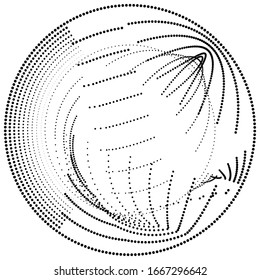 Radial noise, moire, glitch circular element of random circles, dots, speckles. Dissolve, diffusion effect vortex. Scatter dots. Concentric rings of irregular jumble of circles