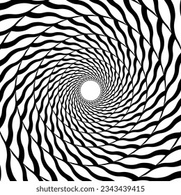 Radial optical illusion background. Black and white abstract wavy lines surface in circles. Poster, banner, template design. Spinning spiral illusion wallpaper. Vector op art illustration 