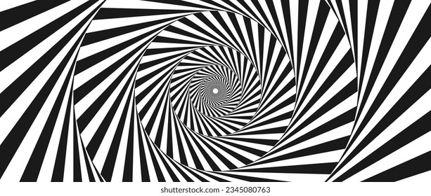 Radial optical illusion background. Black and white abstract lines in circles. Poster, banner, template design. Spinning rotating spiral or vortex illusion wallpaper. Vector horizontal opt art surface