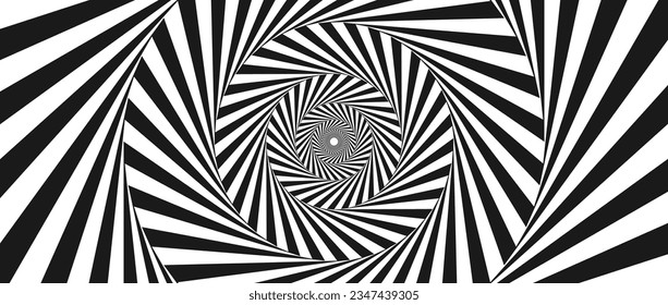 Radial optical illusion background. Black and white abstract rotating lines in circles. Poster, banner, template design. Spinning spiral or vortex illusion wallpaper. Vector horizontal opt art surface