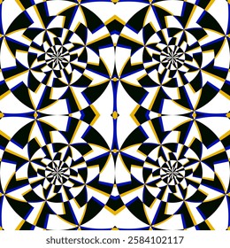 A radial optical illusion pattern with circular geometric symmetry in black, blue, and yellow. The layered structure gives a 3D effect, making it ideal for dynamic backgrounds and digital prints.