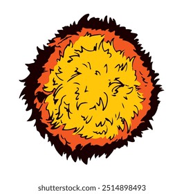 Radial outline spark ball shape white outline study cosmic concept. Black line ink hand drawn hot bright radiate blaze flower fur blast bang flash spark logo emblem retro art doodle style text space
