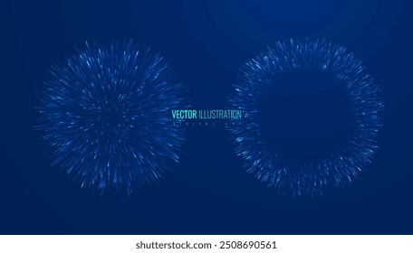 Radialer Partikelexplosionseffekt auf blauem Hintergrund. Kreiselemente mit Zoomeffekt für futuristisches Tech-Digitalbanner. Vektorgrafik