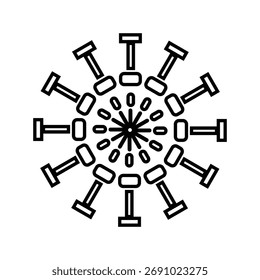 Padrão radial de halteres dispostos em um design circular, semelhante a floco de neve, simbolizando a aptidão e a força.