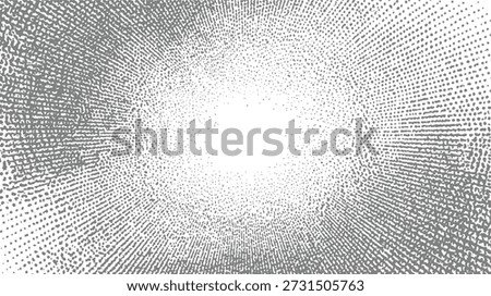 Radial pattern of grey dots and lines emanating from a bright white center creating a burst effect abstract