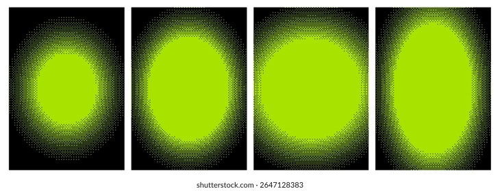 Planos de fundo de pixels radiais com efeito de pontilhamento de bitmap. Gradientes de quadrado verde neon para cartaz abstrato ou layout brutalista. Conjunto de vetores