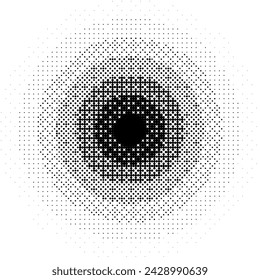 Radial pixelated gradient shape. Black dithered round gradation texture. Retro circle bitmap game background. Halftone 8 bit wallpaper. Vintage circular pixel art element. Vector overlay backdrop