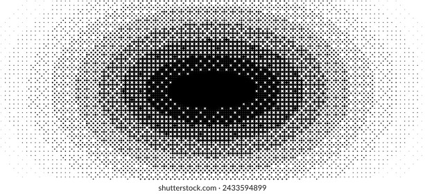 Textura de degradado pixelado radial. Gradación ovalada interpolada en blanco y negro. Fondo de juego de mapa de bits de elipse retro. Fondo de pantalla de 8 bits de semitono. Arte de píxel circular vintage. Vector de fondo superpuesto