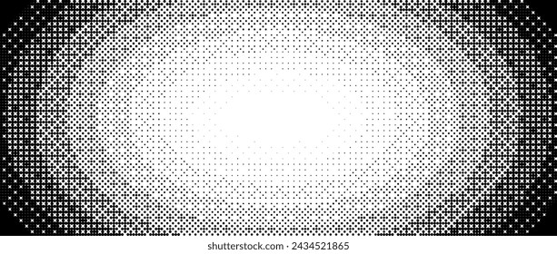 Textura de degradado pixelado radial. Gradación ovalada interpolada en blanco y negro. Retro elipse bitmap video juego de fondo. Fondo de pantalla de 8 bits de semitono. Arte de píxel circular vintage. Vector de fondo superpuesto