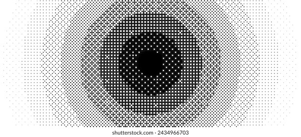 Radial pixelated gradient texture. Black and white dithered round gradation. Retro circle video game background. Halftone 8 bit wallpaper. Vintage circular pixel print. Vector bitmap overlay backdrop