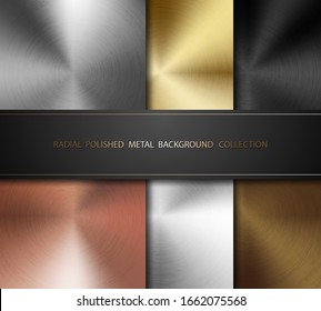 Radial polished texture metal background set. Vector technology background with circular brushed concentric scratch, silver, steel, aluminum, cast iron, gold, copper, bronze, brass color
