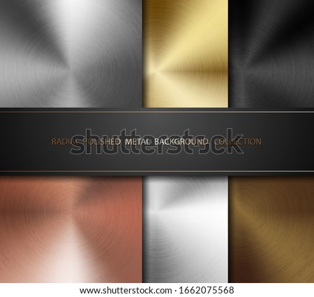 Radial polished texture metal background set. Vector technology background with circular brushed concentric scratch, silver, steel, aluminum, cast iron, gold, copper, bronze, brass color