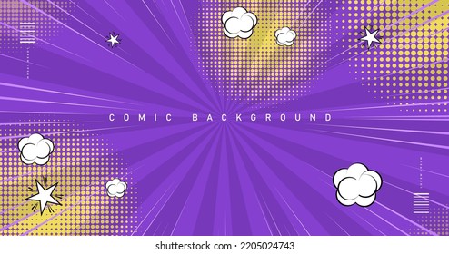 Radial purple pop art cartoon comic book magazine cover. Cute retro strip cartoon. Halftone vector illustration. ep 10
