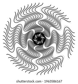 Radial, radiating abstract motiff, icon, mandala element. Distorted, deformed wavy, zigzag circular lines illustration