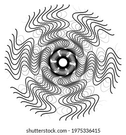 Radial, radiating abstract motiff, icon, mandala element. Distorted, deformed wavy, zigzag circular lines illustration