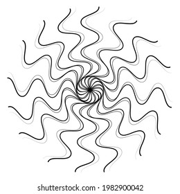 Motiff abstracto radial, radiante, icono, elemento mandala. Ilustración de líneas circulares distorsionadas, deformadas y onduladas