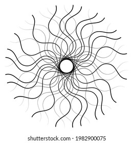 Radial, radiating abstract motiff, icon, mandala element. Distorted, deformed wavy, zigzag circular lines illustration