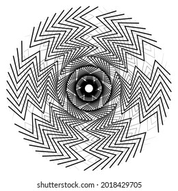 Radial, radiating abstract motiff, icon, mandala element. Distorted, deformed wavy, zigzag circular lines illustration