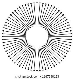 Radiale, strahlende Pfeile für Erweiterungs-, Erweiterungs- und Explosionsthemen. Diverge, Alignment-Konzept kreisförmige Zeiger-Illustration. Spoke-ähnliche Zwiebel, Extrusionsschlurdesign