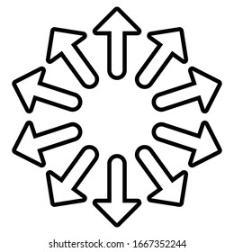 Radial, radiating arrows for expand, extend, explosion themes. Diverge, alignment concept circular pointers illustration. Spoke-like bulge, extrusion cursor design