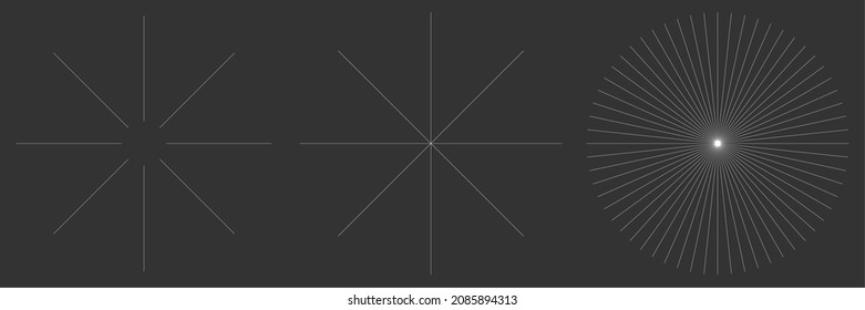 Radial radiating beam ray lines. Starburst, sunburst lineal element, icon. Glint, gleam, aurora effect