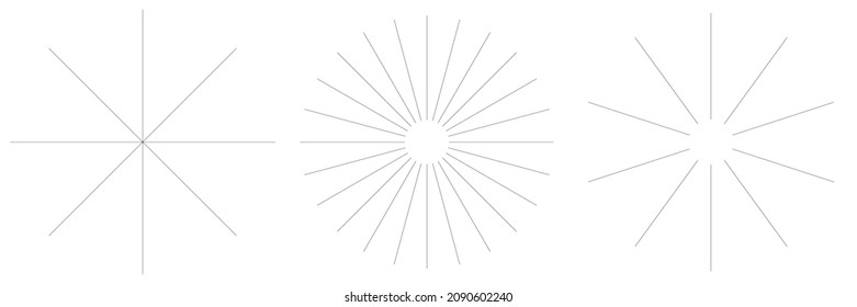 Radial radiating beam ray lines. Starburst, sunburst lineal element, icon. Glint, gleam, aurora effect