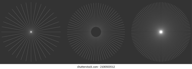 Radial radiating beam ray lines. Starburst, sunburst lineal element, icon. Glint, gleam, aurora effect